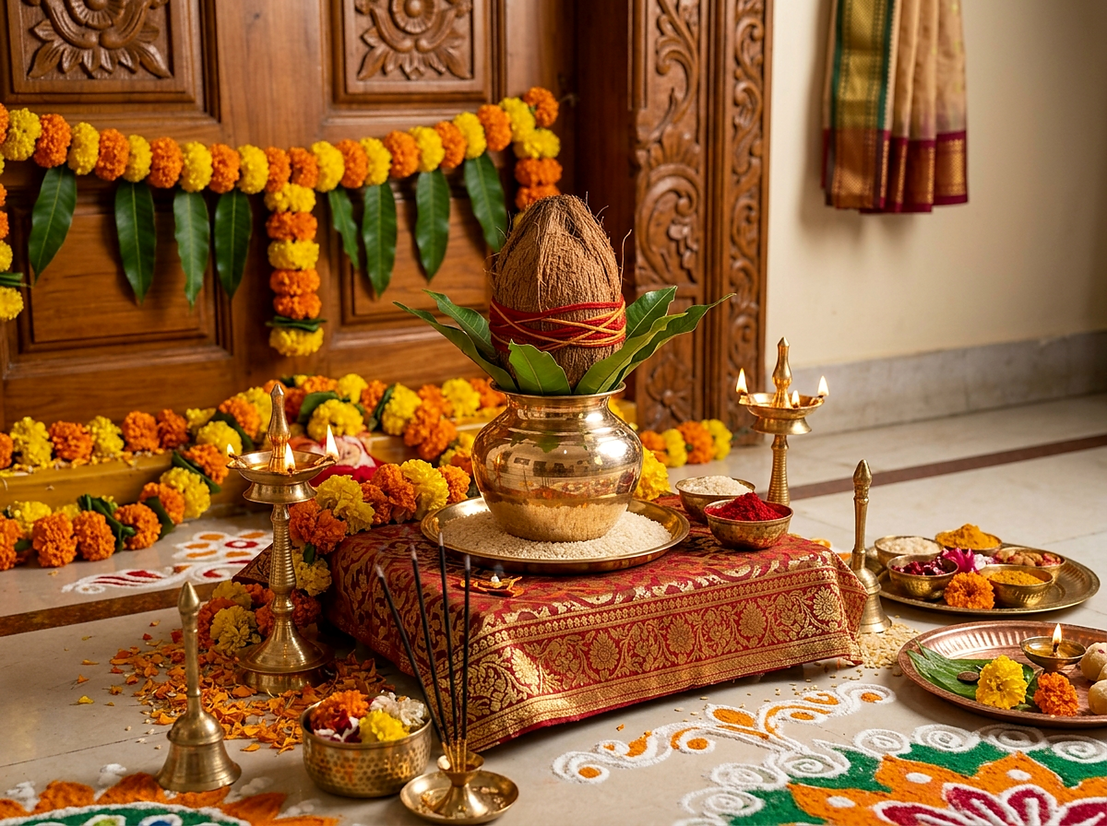 Vedic Pandit performing Griha Pravesh Puja with auspicious Kalash and Hawan in Bangalore