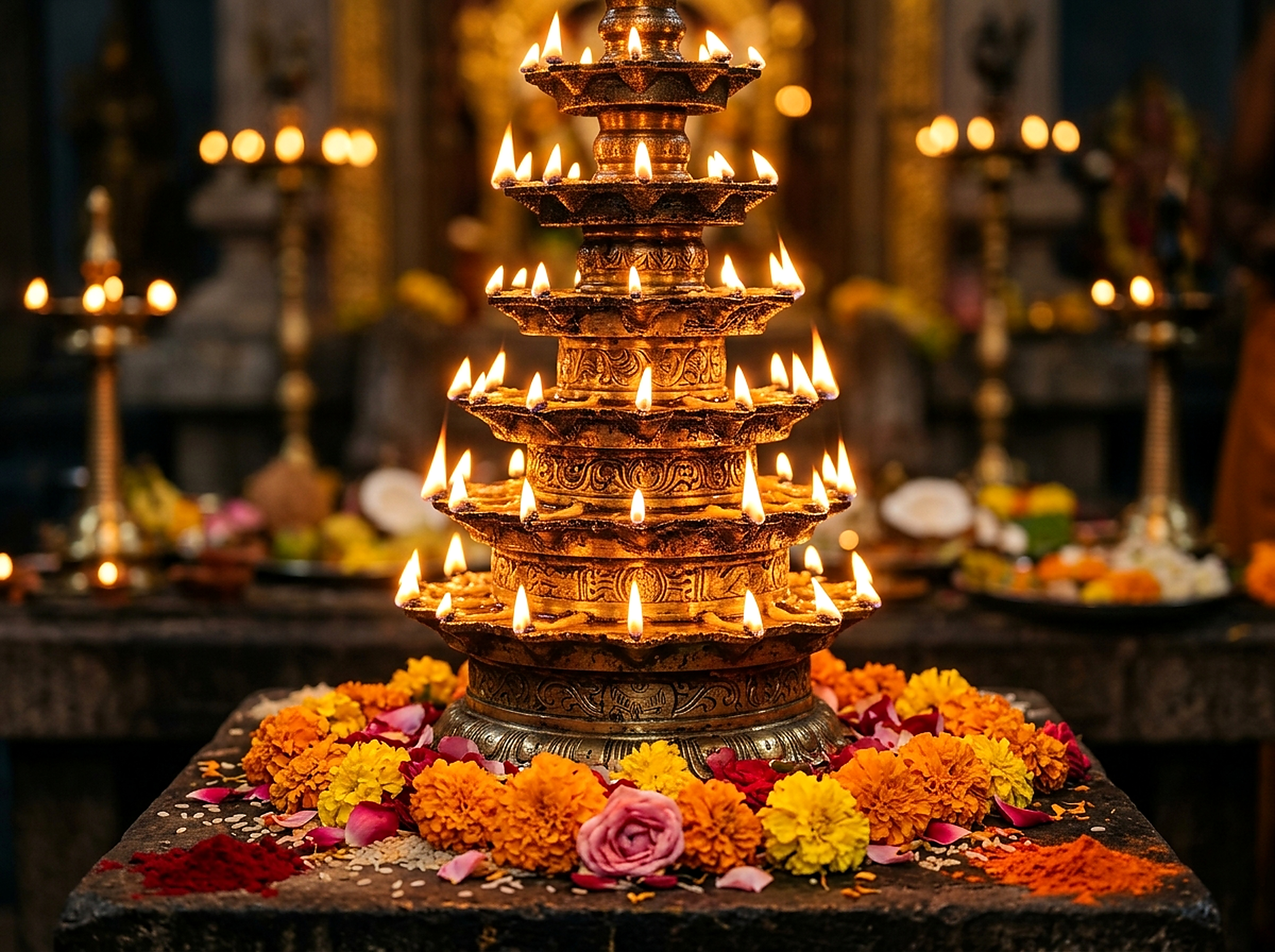 Auspicious glowing brass diyas and sacred lamps prepared for North Indian Vedic rituals in Bangalore